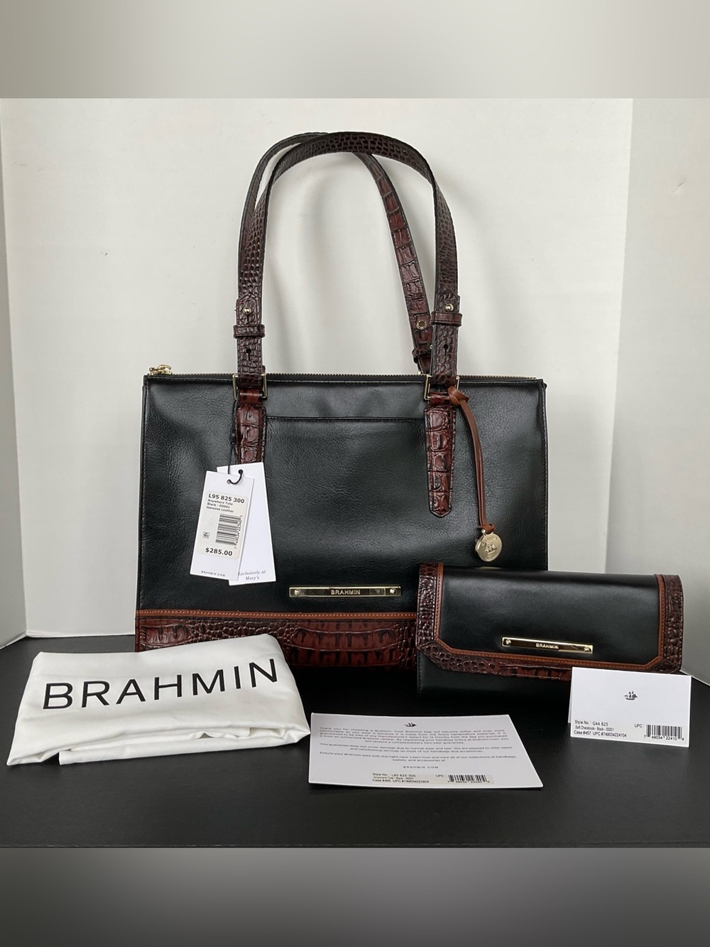 Brahmin Anywhere Tote Black Leather Satchel w/Brown Croc-Trim & Matching Wallet